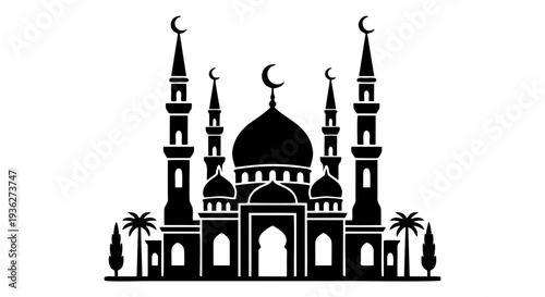 Silhouette of Serenity: An exquisitely detailed silhouette of a grand mosque, adorned with graceful minarets and delicate crescent moons, stands as a symbol of faith and architectural splendor.
