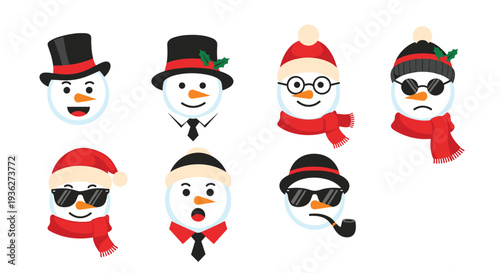 Set of cute snowman head avatars with different expressions hats sunglasses and accessories for winter holiday celebrations.