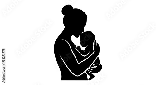 Mother's Tender Embrace: Silhouette of a mother cradling her baby, embodying maternal love, connection and comfort. This graphic captures a moment of pure tenderness.
