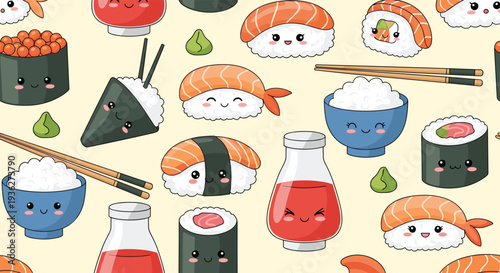 Japanese cuisine seamless pattern featuring various sushi rolls nigiri rice bowls wasabi and chopsticks on a pale yellow background.