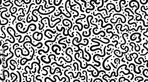 Black and white abstract pattern with squiggly lines and dots