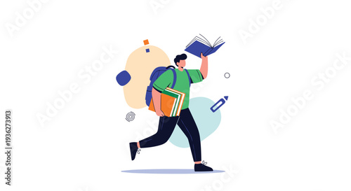 Energetic male student running to class while carrying a backpack and many books in a colorful flat vector illustration with abstract shapes.