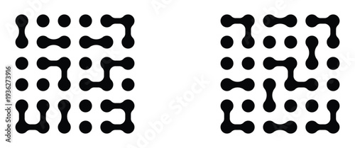 Set of connected black dots. Transition meta balls. Integration symbol. Square spotted graphic design elements, connected liquid molecule figures flat vector illustration set. Modern meta ball icons.