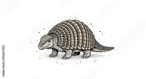 Detailed hand drawn illustration of an armadillo with its unique armored shell walking across a white background with colorful paint splatters.