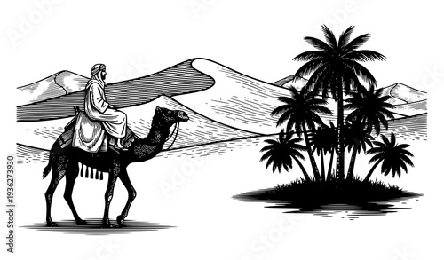 Bedouin and Camel in Desert Oasis – Vintage Vector Engraving Illustration