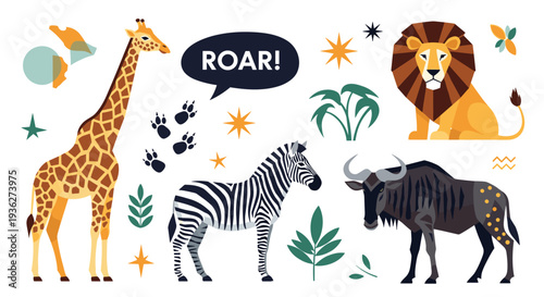 Diverse collection of African savanna animals including a giraffe, lion, zebra, and wildebeest with paw prints and tropical leaf elements.