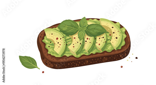 Delicious avocado toast on dark whole grain bread topped with fresh slices of avocado, basil leaves, and pepper flakes in a textured illustration.
