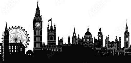 London city skyline silhouette with landmarks including Big Ben, London Eye, Westminster Palace, St Paul’s Cathedral, architecture, culture, travel, vector illustration