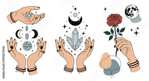 Collection of mystical hands holding crystals, a rose, and moon symbols in an elegant line art style with abstract background shapes.