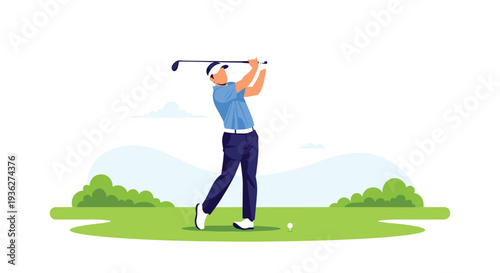 Professional golfer in a blue shirt and dark pants swinging his club on a green course with hills and trees in the background.