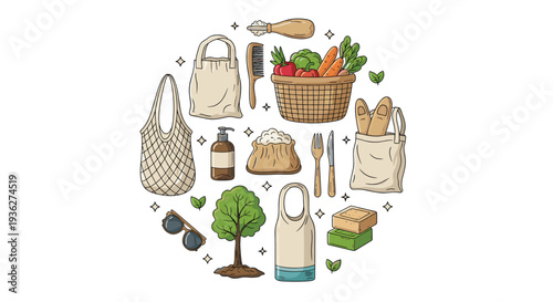 Circular arrangement of zero waste and eco friendly products including cloth bags, glass jars, bamboo cutlery, and fresh vegetables.