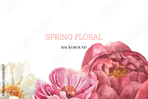 Spring floral in watercolor vector background. Luxury wallpaper design with pink flowers, line art, golden texture.
