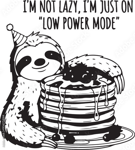 Vector illustration of sloth with pancakes and humorous text