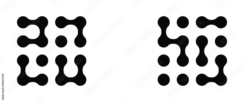 Fototapeta premium Modern contemporary geometric shapes and elements. Vector connect circle shapes with geometric dots. Black connected circle dots. Meta balls pattern on white background.