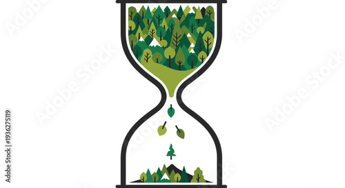 Green leaves falling through an hourglass symbolizing time passing