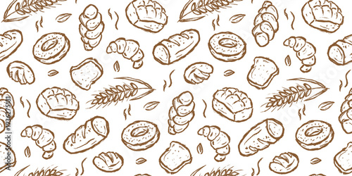 Bread hand drawn pattern. Bakery background doodle. Sketch style pastry illustration seamless pattern for packaging containing brioche, croissant, donut, pretzel, wheat, toast, baguette, loaf.