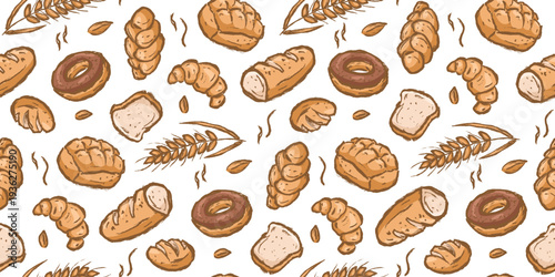 Bread hand drawn pattern. Bakery background doodle. Sketch style pastry illustration seamless pattern for packaging containing brioche, croissant, donut, pretzel, wheat, toast, baguette, loaf.
