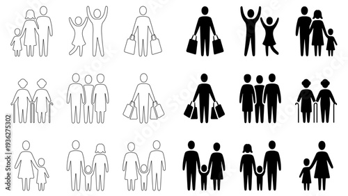 Family and lifestyle icon set featuring various life stages, shopping activities, and elderly couples in outline and silhouette styles.
