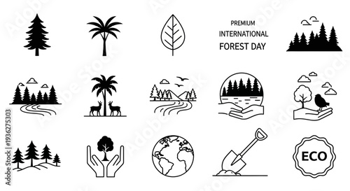 Collection of Simple Black Line Icons for Environmental Conservation and Forest Day