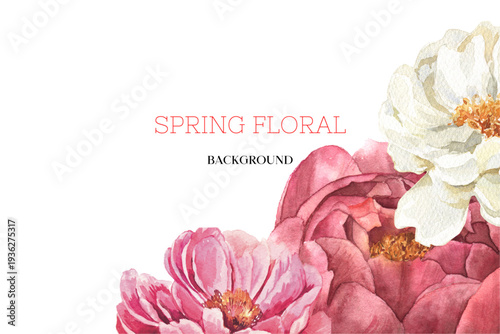 Spring floral in watercolor vector background. Luxury wallpaper design with pink flowers, line art, golden texture.
