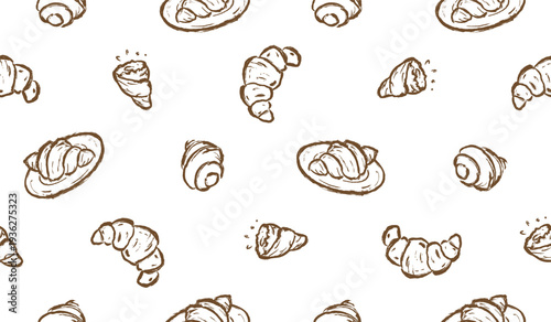 Croissant hand drawn pattern. Croissants background doodle. Scribble of bread illustration seamless pattern for packaging. Sketch style of croissants bakery wallpaper. 