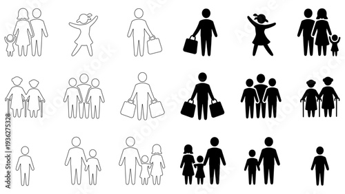 Set of family and lifestyle icons featuring silhouettes of parents, children, elderly, and shopping activities in outline and solid styles.