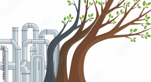 Tree with Green Leaves Contrasting with Industrial Piping System
