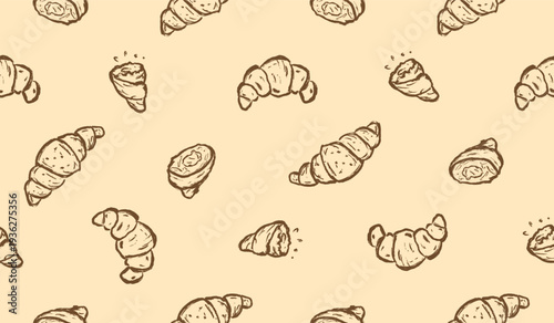 Croissant hand drawn pattern. Croissants background doodle. Scribble of bread illustration seamless pattern for packaging. Sketch style of croissants bakery wallpaper. 