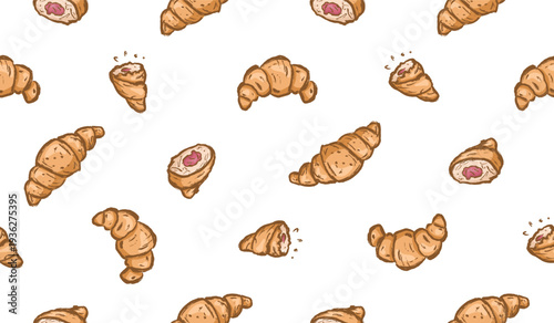 Croissant hand drawn pattern. Croissants background doodle. Scribble of bread illustration seamless pattern for packaging. Sketch style of croissants bakery wallpaper. 
