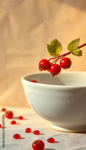 Scarlet berry droplets on cool ceramic, a vibrant punctuation against a neutral canvas,  food photography,  editorial