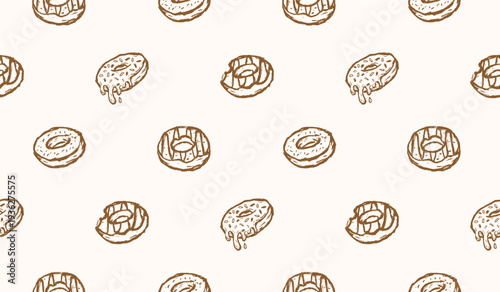 Donut hand drawn pattern. Doughnuts background doodle. Scribble of sweet snack illustration seamless pattern for packaging. Sketch style of donut with various topping. 