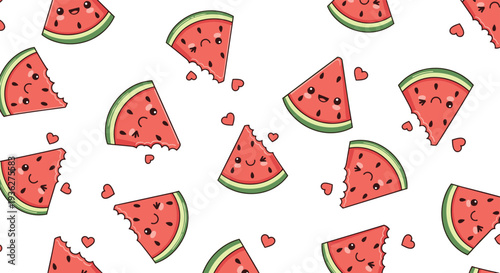 Sweet seamless pattern with happy watermelon slices featuring kawaii faces and small hearts on a bright white background for summer themes.