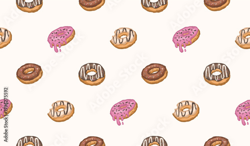 Donut hand drawn pattern. Doughnuts background doodle. Scribble snack illustration seamless pattern for packaging. Sketch style of donut with various topping chocolate, strawberry, vanilla, caramel.