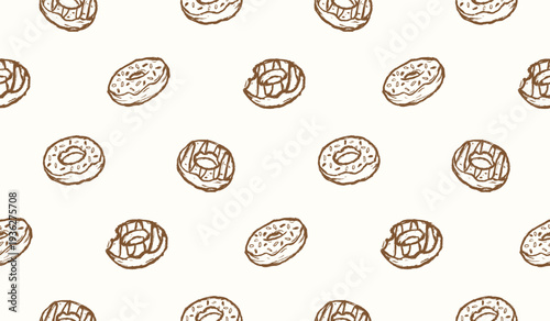 Donut hand drawn pattern. Doughnuts background doodle. Scribble of sweet snack illustration seamless pattern for packaging. Sketch style of donut with various topping. 