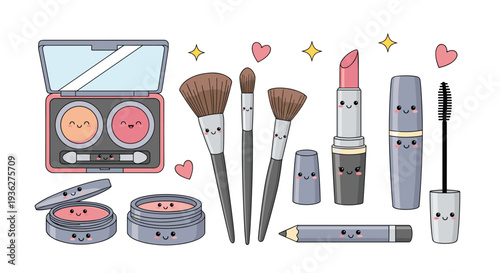 Cute set of makeup characters including a brush, lipstick, mascara, and powder with sweet kawaii faces and hearts for beauty lovers.