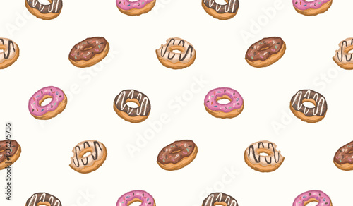Donut hand drawn pattern. Doughnuts background doodle. Scribble snack illustration seamless pattern for packaging. Sketch style of donut with various topping chocolate, strawberry, vanilla, caramel.