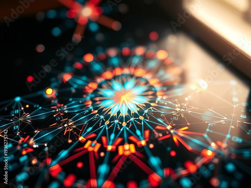 Kaleidoscopic light shards form geometric constellations above a digital pulse, abstract,  energy