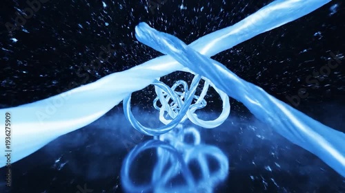 Abstract blue glowing ribbons intertwine and twist in a dark digital space.