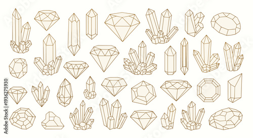 Extensive collection of hand drawn crystal clusters, diamonds, and precious gemstones in various geometric shapes and structures.