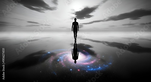 Wallpaper Mural Person Silhouette Reflecting Galaxy in Surreal Landscape Torontodigital.ca