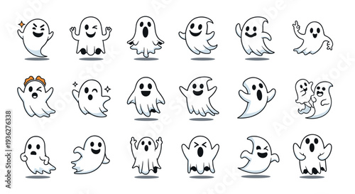Comprehensive collection of fifteen cute cartoon ghosts with various facial expressions and poses for Halloween decorations.