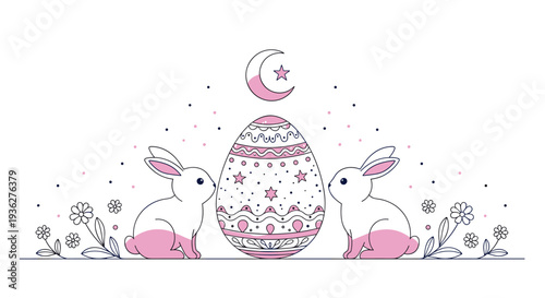 Elegant Easter illustration featuring two white bunnies facing a large decorated egg under a crescent moon and stars.