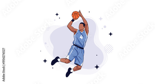 Dynamic illustration of a basketball player in a blue jersey jumping high in the air to take a shot with a basketball.