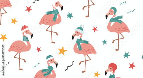Whimsical seamless pattern featuring pink flamingos wearing colorful winter hats and striped scarves among stars and confetti.