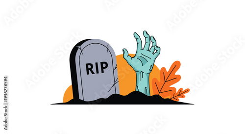 Spooky illustration of a pale green zombie hand reaching out from the ground next to a gray tombstone with the letters RIP.