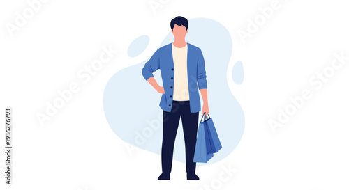 Stylish man in a blue cardigan and navy pants standing with two blue shopping bags on a light abstract background.
