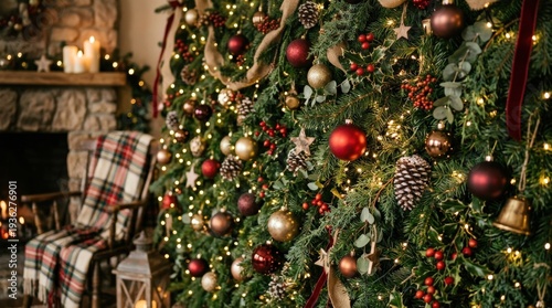 Cozy Christmas Tree with Ornaments and Lights.