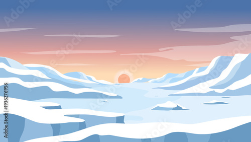 Arctic glacier landscape at sunset. Minimalist flat vector for climate change, polar travel, and environmental conservation.