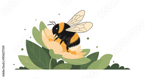 Detailed illustration of a bumblebee landing on a large pale yellow flower surrounded by green leaves on a white background.