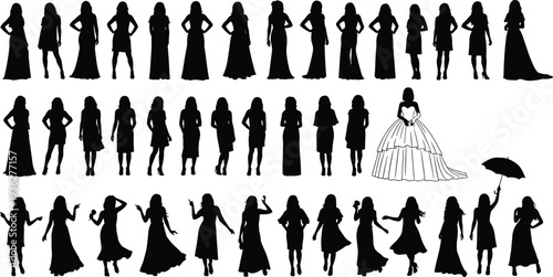 Women silhouettes collection vector illustration, diverse female figures in dresses and skirts icons, fashion posture artwork, wedding gown design art